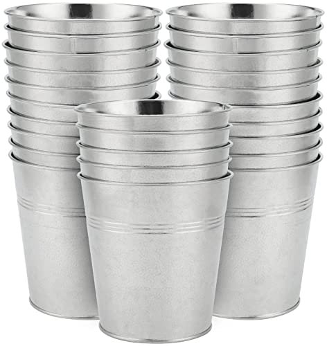 SINJEUN Lot de 25 seaux de 12 x 12 x 9 cm, petits pots de fleurs ronds en fer galvanisé, en métal galvanisé, pour balcon, décoration de jardin, artisanat, rangement de la maison, argenté