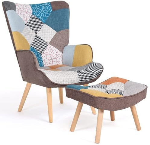 IDMarket - Ivar skandinavischer Armsessel mit Fußstütze aus mehrfarbigem Patchwork-Stoff