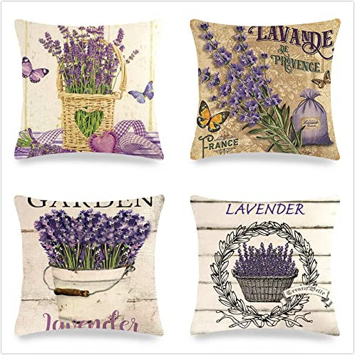 Finnoon Kissenbezug 40x40cm Lila Lavendel 4er Set Dekokissen Kissenbezüge Sofakissen Linen Kissenhülle Couch Kissen mit verdecktem Zierkissen für Wohnzimmer Sofa Auto