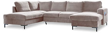 MIUFORM Ecksofa U Form mit Schlaffunktion und Bettkasten | Lofty Lilly | Wohnladschaft Couch Schlafcouch Wohnzimmer Gästezimmer | Samt Metallfüße (Dunkelbeige, Links ausgerichtet)
