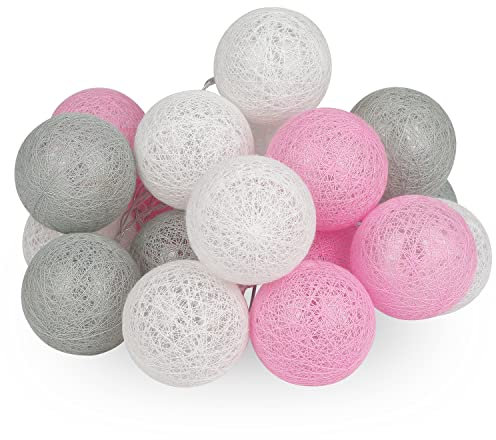 KWODE Lichterkette Innen, Pink-Gray Cotton Ball Lichterkette, 3.5M LED Kugeln Light für Mädchen, Kinder, Baby, Teenager, Hausbett, Zimmer Deko, USB Oder Batterie Betrieben, Ø 6CM Pink-Gray-White