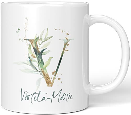 JUNIWORDS Tasse, Violeta-Marie, Name Anfangsbuchstabe Initial Alphabet Floral Buchstabe V Monogramm Motiv, Weiß (5487394)
