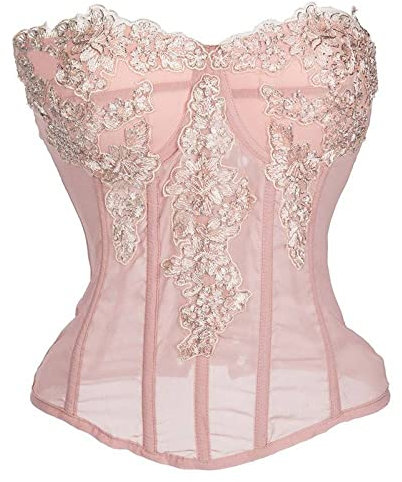 Montecarduo Corsetto da Donna - Rosa Chiffon Applicazioni Floreali Gotico Corsetto Sexy Osso Vita Cincher Bustier Top Corsetto Push Up Burlesque Corselet, Stile A, M