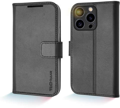 TECHGEAR Wallet Case for iPhone 15 Pro, Genuine Leather Magnetic Flip [RFID Blocking] Case with Shockproof TPU Holder, Card Slots, Stand Folio Cover Compatible with iPhone 15 Pro 6.1 2023, Black