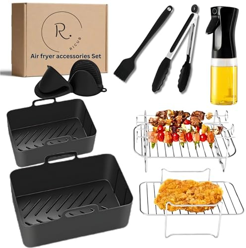 RICUB 9 Pieces Eco Friendly Ninja Air Fryer Accessories AF300uk, AF400uk & Tower T17088, Ninja Dual Air Fryer Accessories,Reusable Air Fryer Liners Silicone for Ninja/Tower/Salter/ 7.6-9.5L Air Fryer