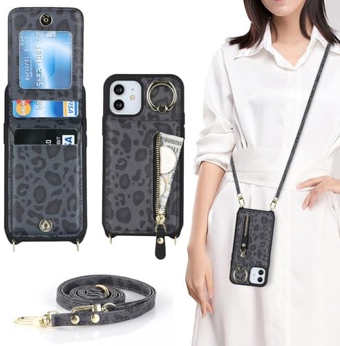 Zouzt for iPhone 12 Mini Case with Cord and Card Holde, Zipper Wallet Case with Crossbody Lanyard Ring Adjustable Necklace Protective Cover Women for iPhone 12 Mini 5.4 Inch - Black Leopard