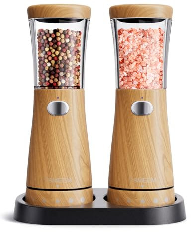 Salz und Pfeffermühlen elektrisch 2er Set aus Edelstahl (Wiederaufladbar, LED Beleuchtung, mit einstellbarem Keramikmahlwerk, Reinigungsbürste Bürste) Gewürzmühle elektrisch Adjustable, wood