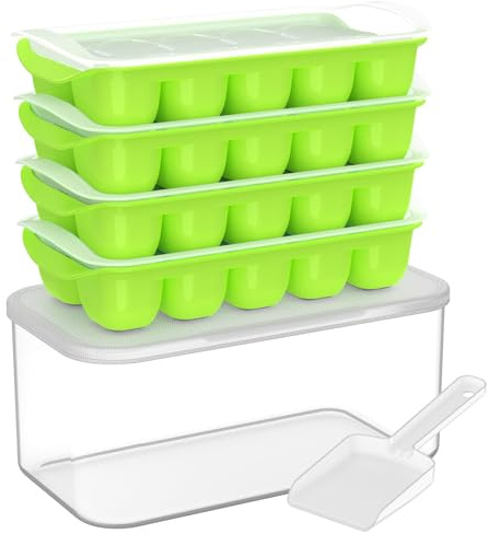 DOQAUS Ice Cube Tray with Lid and Bin - 4 Pack Ice Bucket Kits, Stackable Silicone Ice Trays for Freezer, Easy Pop Out, BPA Free for Cocktail, Coffee, Soup, Food, RV, Kitchen
