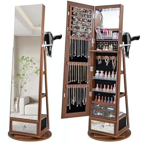 HOMASIS Schmuckschrank mit LED, drehbarer Spiegelschrank mit Schubladen, abschließbarer Schmuckregal mit Regalen, Schmuckkasten mit Haartrocknerständer, Schmuck-Organizer aus Holz (Braun)