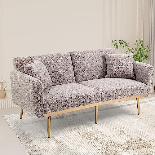 umwandelbares Futon-Sofa-Bett, Samt loveseat Bettsofa with Metal Feet, Schlafsofa mit Schlaffunktion, Verstellbarer Rückenlehne, 2 Kissen, Modern Sofas für Wohnzimmer (Grau)