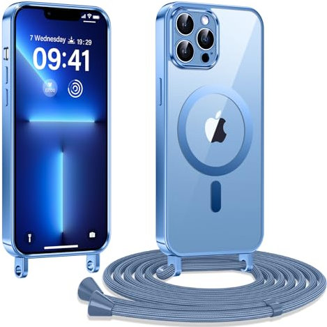 Kokio Coque pour iPhone 13 Pro Max avec Cordon, Etui à Transparente Housse Compatible avec MagSafe, Antichoc Protection Coque pour Magnétique avec Réglable Collier, Bleu