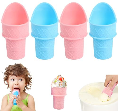 Porta Cono Gelato in Plastica, Coppe Gelato Riutilizzabili, Cucchiaio Gelato, Coppette Gelato Plastica, Ciotole Gelato, Porzionatore per Gelato, Utilizzato per Scavare e Caricare il Gelato (4pcs)