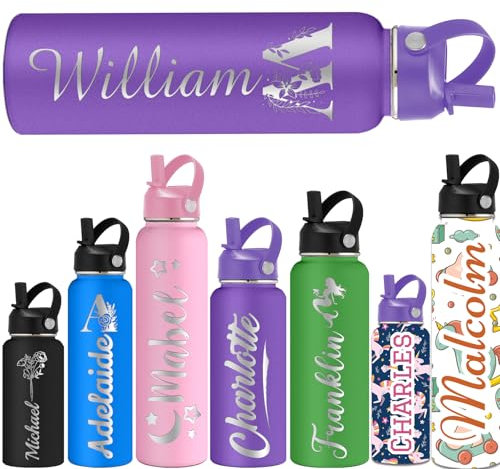 ShAxzHen Personalised Water Bottles for Kids with Straw Lid 40/32/24/18/12oz Custom Insulated Water Bottle Stainless Steel with Name Logo Customised Engraved Cups for School Sport Gym Initials Purple