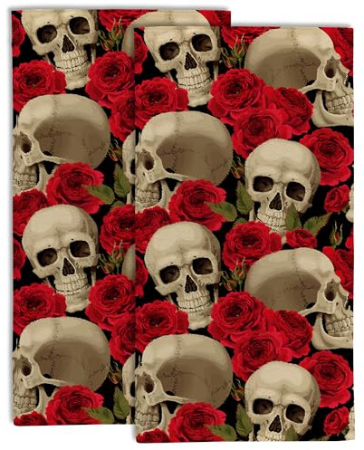 Gnhkmw Badezimmer-Handtuch mit Totenkopf- und Rosenblumen, 2er-Set, menschlicher Totenkopf, florale Fingerspitze, Handtuch, Küchenhandtuch, weich, saugfähig, dekoratives Gästetuch, Handtuch, Badetuch