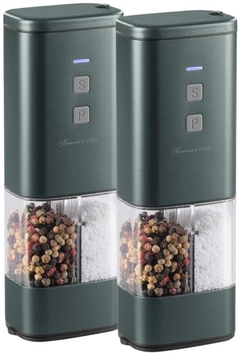 Rosenstein & Söhne Kombinierte Gewürzmühle: 2er Set 2in1-Akku-Salz- und Pfeffermühle mit Keramik-Mahlwerk (Elektronische Pfeffermühle, Pfeffermühlenstreuer, BBQ)