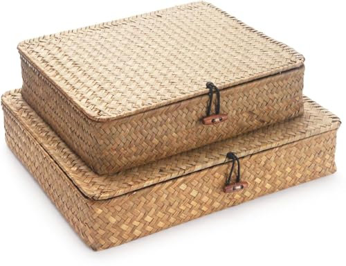 Seagrass Storage Baskets with Lid, Flat Wicker Basket, Rattan Storage Bins, Shallow Woven Basket for Shlef, Decorative Storage Boxes for Organizing