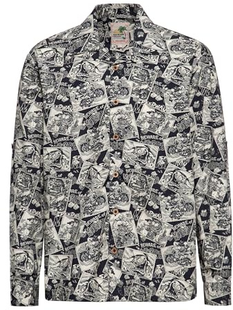 King Kerosin Herren Langarmhemd Langarm Gerader Schnitt Hawaii Hemd Freizeithemd Motorpsycho Motorrad Allover Print Bio-Baumwolle Organic Cotton Büro Motorpsycho