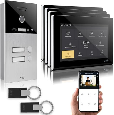 GVS - IP Video Türsprechanlage 2-Familienhaus mit Türöffner (RFID), HD Kamera, 4x7 Zoll Monitor & App - Smarte Video Türklingel mit Kamera & Gegensprechanlage (AVS4090U)