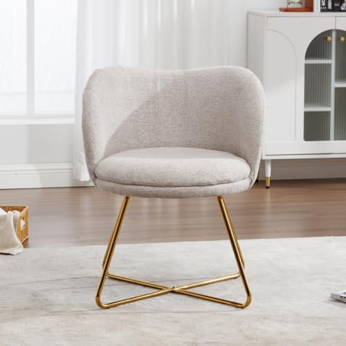 chairus Fauteuil Rembourré en Chenille Chaise de Salon Chambre Balcon Chaise Coiffeuse avec Pieds Croisés en Métal Doré (Beige)