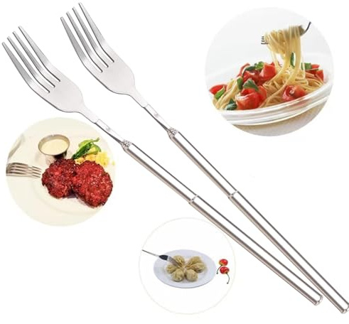 Fourchette télescopique, longue fourchette avec poignée extensible, fourchette à long manche, fourchette de table en acier inoxydable, extensible pour barbecue, 64,5 cm (fourchette, 2 pièces)