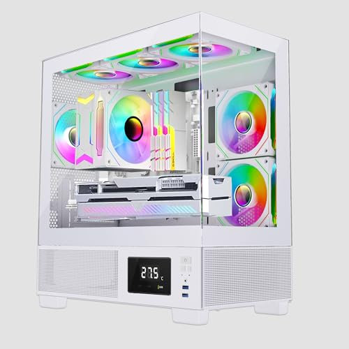 IONZ KZ-V Mini Aether mATX PC Gaming case, Tempered Glass, LED Temperature Display, includes 6 ARGB PWM Fans - White