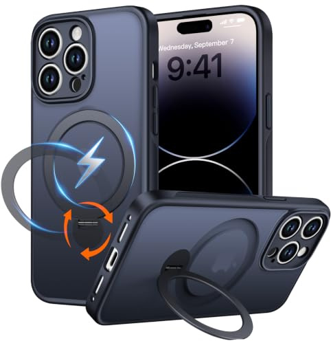 PuyaTeya Magnet-Ständer 360° für iPhone 14 pro Hülle, Matt-Schwarz | Kompatibel mit Magnetischer 16FT Military Drop Protection, Anti-Kratzer/Fingerabdruck Handyhülle für iPhone 14 pro