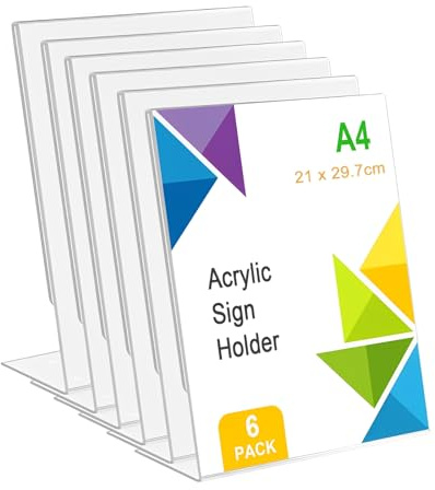 Yeqqzq Acryl-Schilderhalter, A4, transparent, für Poster, Speisekarten, L-Form, Präsentationsständer, transparenter Kunststoff, Ständer für Tisch, Restaurant, Hotel, Dokumente, Büro, 6 Stück