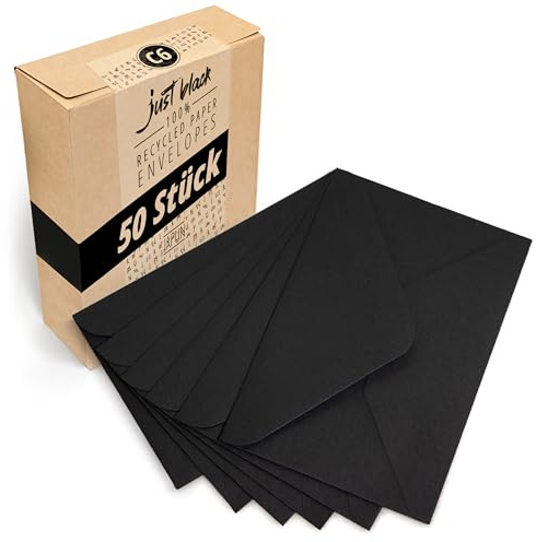Japun - Briefumschläge (50 Stück) - DIN C6, 162 x 114 mm, schwarz | Kuvert aus 110 g/m² Papier, Umschlag mit Nassklebung ohne Fenster, für Einladungen zum Beschriften und Bedrucken