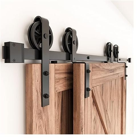 Barn Door Kit, Antique Style Bypass Sliding Wood Barn Door Hardware Kit, Black Top Mounted Closet Slides Tracks Rollers for Double Door(6FT)