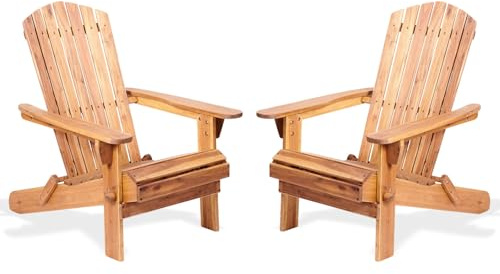 Ptsuker Adirondack Chair Set of 2, Heavy-Duty Outdoor Garden Furniture - Weather-Resistant Patio Lounge Chair with Ergonomic Design, Easy Assembly, Natural Wood Finish (Adult Size)