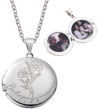 GSTFY Personalised Photo Necklace With 1-2 Pictures & Text Sterling Silver/Brass Custom Birth Month Flower Necklaces Heart Engraved Locket Necklace Birthday Jewellery Gifts For Women Mum