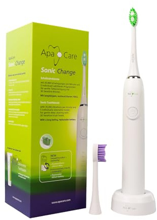 ApaCare Sonic Change - Spazzolino elettrico con 35.000 vibrazioni/min., 5 programmi e batteria sostituibile, incluse 2 testine 3D Sensitive