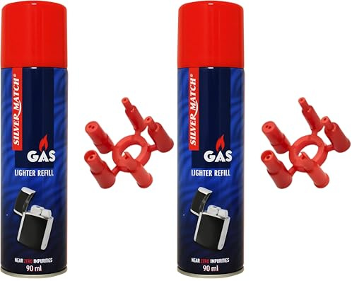 SILVER MATCH Recharge de Gaz 90 ML pour Briquet et Chalumeau de Cuisine, Gaz Butane Premium Pur, 5 Adaptateurs, Compatible Briquet Classique, Tempête, Chalumeau, Allume-Tout, 40673310 (Lot de 2)
