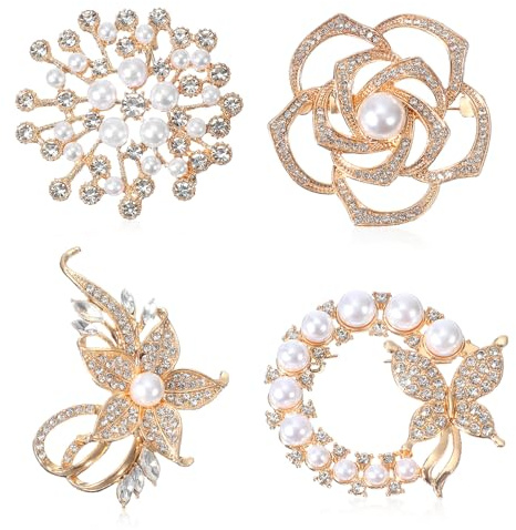 4 Stück Brosche Damen, Brosche Gold Broschen für Kleidung Vintage Kristall Perle Strass Anstecknadeln Elegante Blume Girlande Broschen Pin für Partys Bankette Schal Kleidung Kleider
