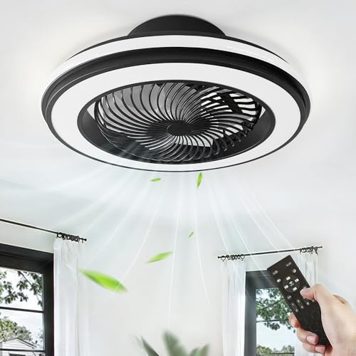 360° Oszillierend Deckenventilator mit Beleuchtung, Leise DC Motor, Dimmbar Deckenleuchte Ventilator und Fernbedienung/APP, 53cm Schwarz LED Lampe mit Ventilator für Schlafzimmer Wohnzimmer, 6-Gang