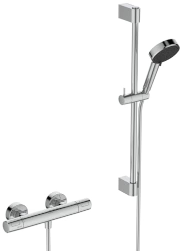 Ideal Standard Ceratherm T25 N Duscharmatur Paket, Wassersparende Eco Brause mit variablen Strahlarten, inklusive Thermostat mit Verbrühschutz und Duschstange (600 mm) – Chrom