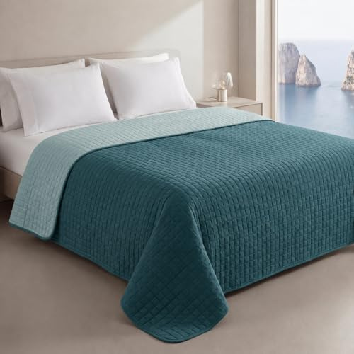 Clara Home Milano Copriletto Trapuntato Capri in Microfibra Manopesca, Double Face, Primavera Estate, Qualità Premium, Coperta Letto Matrimoniale Singolo 1 Piazza e mezza (Petrolio, 1 piazza e Mezza)