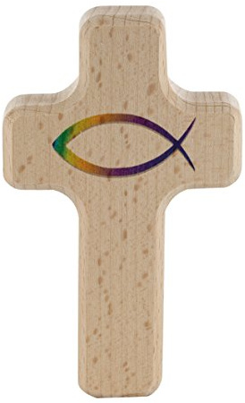 Butzon & Bercker Kinderkreuz Buche 7x11 cm - Holzkreuz mit Fischsymbol | Modernes Wandkreuz in Geschenkverpackung, ideal zur Taufe, Kommunion oder Einschulung, Naturholz mit abgerundeten Kanten