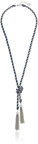 GUESS Basic Halskette in Y-Form, Silber und Denim, gewebte Quaste, 76,2 cm + 5,1 cm Verlängerung