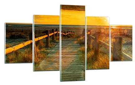 Mehrteilige Bilder auf Glas Fußgängerbrücke Strand Urlaub Sonne Glasbild 125x70cm Wandbilder Dekoration Wohnzimmer Schlafzimmer Küche Set 5 teilige Klein Wanddeko Wand Art Modern GEA125x70-2786