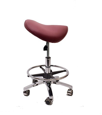 Promafit Sattelhocker/Sattelstuhl mit Gummirollen für alle Böden und Metallfuß - ergonomisch - stufenlos höhenverstellbar - viele Farben - 360° drehbar (Burgund, Mit Fußring)
