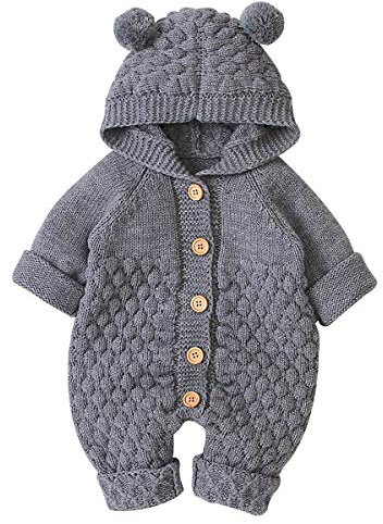 Haokaini Neugeborenes Baby Ohr Kapuze Gestrickte Strampler Overall Winter wärmer Schneeanzug für Jungen Mädchen Unterwäsche Warmer Pullover (3-6 Monate, Grau)
