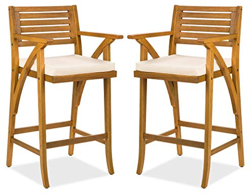Best Choice Products Set of 2 Outdoor Acacia Wood Bar Stools Bar Chairs for Patio, Pool, Garden w/Weather-Resistant Cushions - Cream