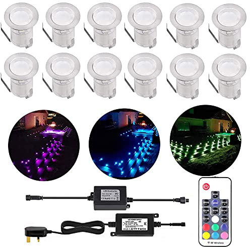 CISLAN 12 * B110C-RGB RGB LED Decking Lights, Luces de Cubierta de zócalo Impermeables al Aire Libre, luz de jardín enterrada de Alto Brillo para iluminación de Cubierta Saunas Pack de 12 (RGB)