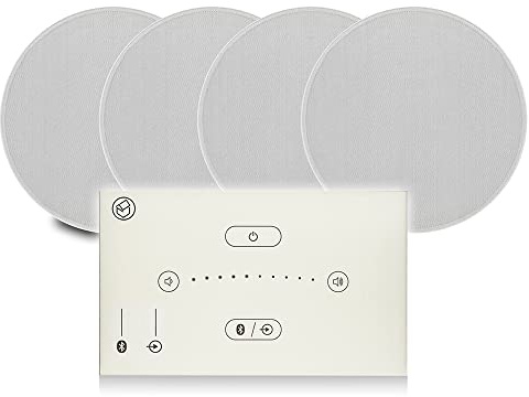 Systemline E50 Bluetooth Ceiling Speaker System White with 4x Q Acoustic Qi65C Moisture-Resistant Ceiling Mount Recessed Bluetooth Speakers & Touch Panel Amplifier