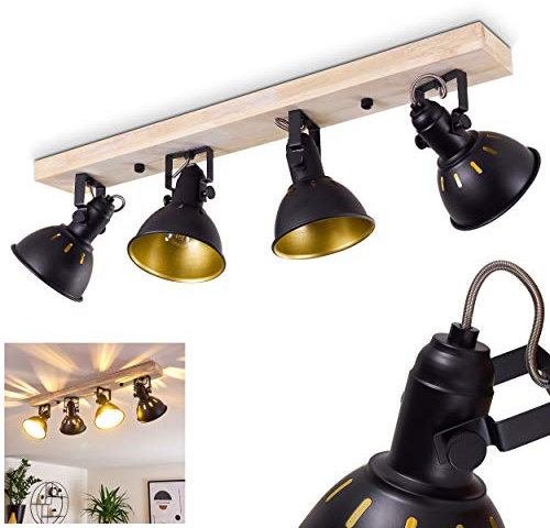 Deckenleuchte Tina, 4-flammiger Deckenstrahler aus Metall schwarz-gold und Holz, Retro Deckenlampe, 4 x E14, die Leuchtenköpfe sind dreh- und schwenkbar,ohne Leuchtmittel