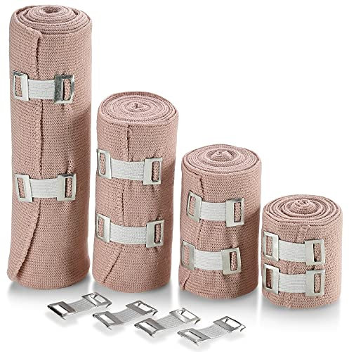 Elastische Kompressionsbandage Premium-Qualität 4er-Set mit 4 zusätzlichen Haken athletische Stützrollen für Knöchel Handgelenk Arm Beinverstauchungen Erste-Hilfe-Bandagen Maßnahmen 2 3 4 6 x 5 Ft