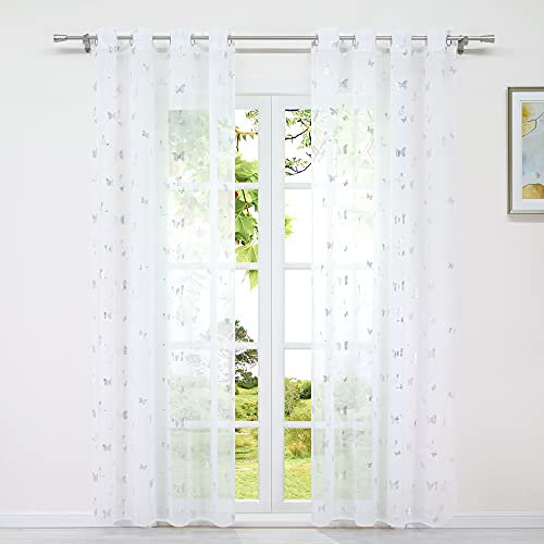 HeichkelL Voile Vorhang mit Ösen Transparent Gardine Modern Silberglänzende Schmetterlinge 1 Stück Fensterstores Luftiger Dekoschal für Wohnzimmer BxH 140x245 cm