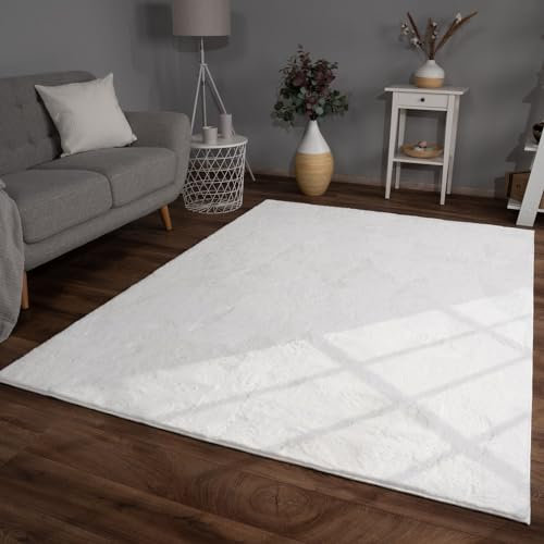 TT Home Wohnzimmer Teppich Hochflor Langflor Kunstfell Weich Modern Unifarben Flauschig, Farbe:Weiß, Größe:140x200 cm