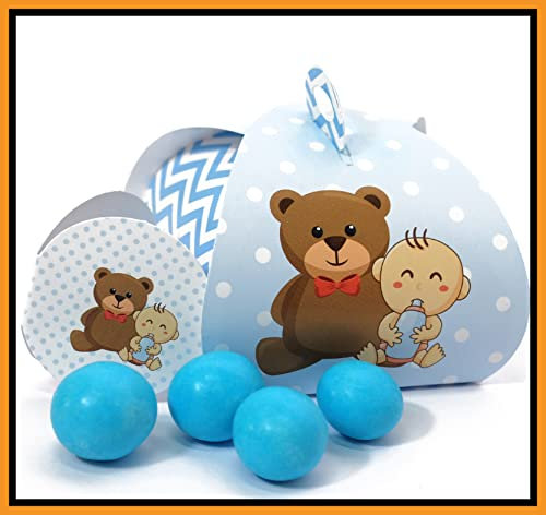 25+25 pezzi - Scatoline Bomboniere Battesimo Nascita compleanno Portaconfetti n. 25 pz + Bigliettini per Bomboniera/fazzoletti confetti 25 pezzi (Orsetto boy)